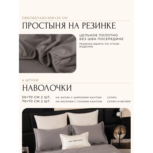 Комплект постельного белья на резинке Сатин Velvet Premium/Вельвет Премиум с Одеялом VPR013 Евро простыня 160×200×25 см, 4 наволочки Молочный