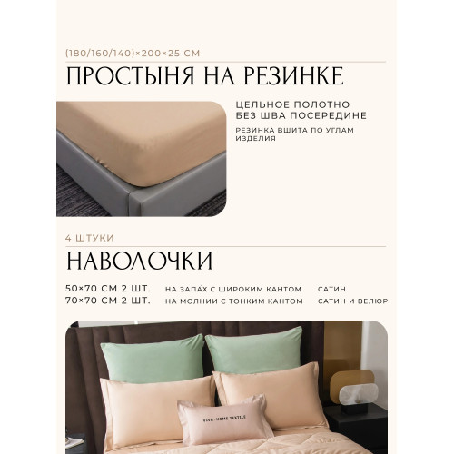 Комплект постельного белья на резинке Сатин Velvet Premium/Вельвет Премиум с Одеялом VPR012 Евро простыня 140×200×25 см, 4 наволочки Светло-зеленый