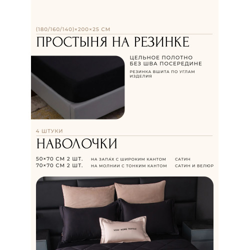 Комплект постельного белья на резинке Сатин Velvet Premium/Вельвет Премиум с Одеялом VPR009 Евро простыня 140×200×25 см, 4 наволочки Черный