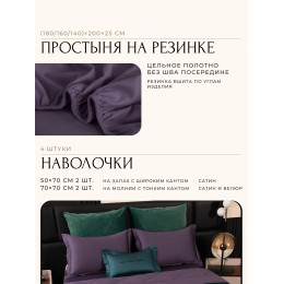 Комплект постельного белья на резинке Сатин Velvet Premium/Вельвет Премиум с Одеялом VPR005 Евро простыня 140×200×25 см, 4 наволочки Темно-зеленый